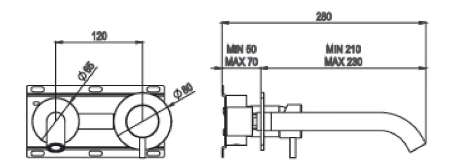 AMA RHEA Built-in mixer in stainless steel AISI 316L and wall-mounted spout.